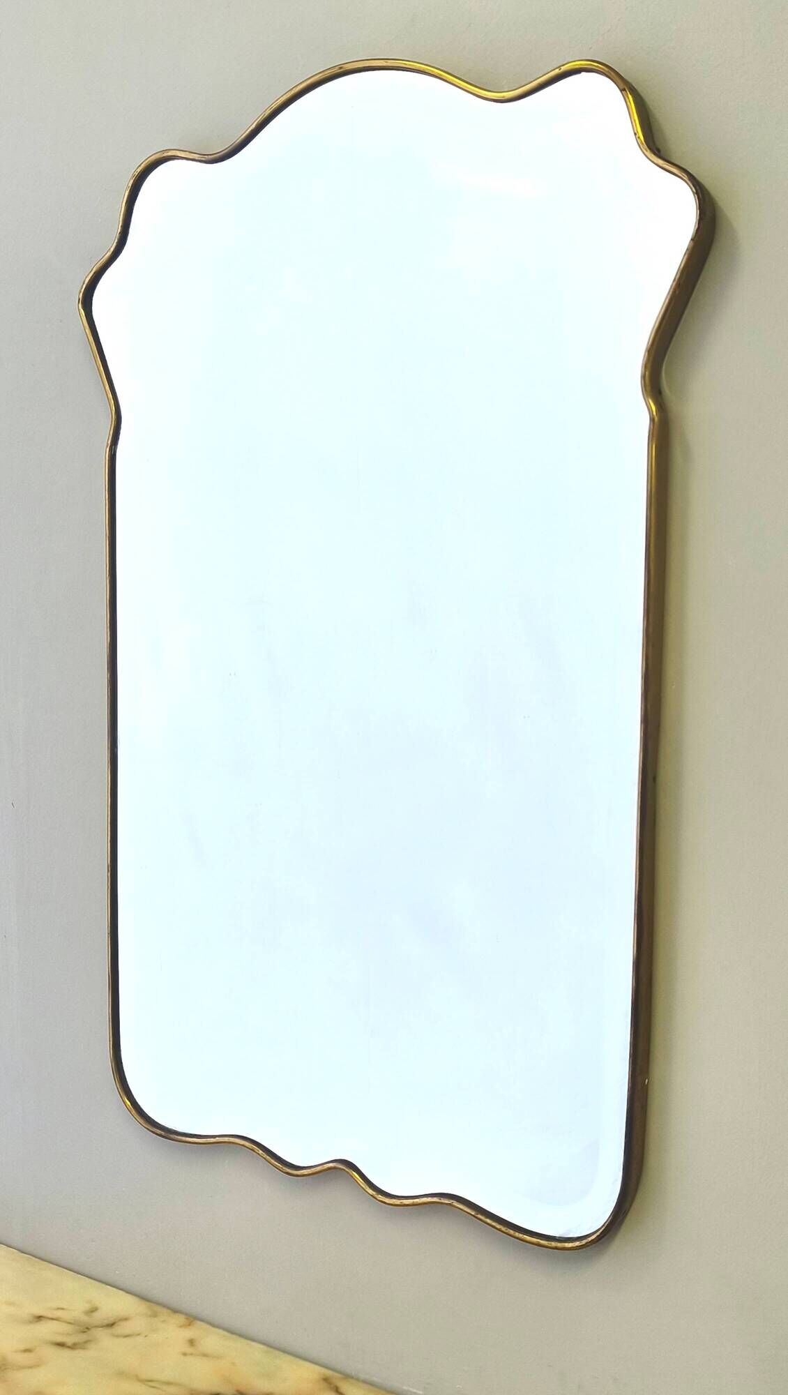 Vintage Shield Shaped Wall Mirror with Brass Frame and Beveled Glass, Italy