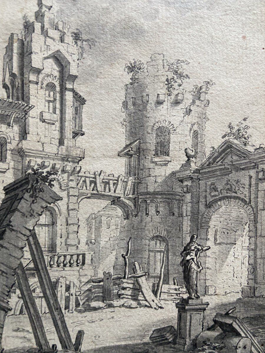French school of the 18th century, courtyard of a ruined palace, pen drawing