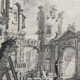 French school of the 18th century, courtyard of a ruined palace, pen drawing