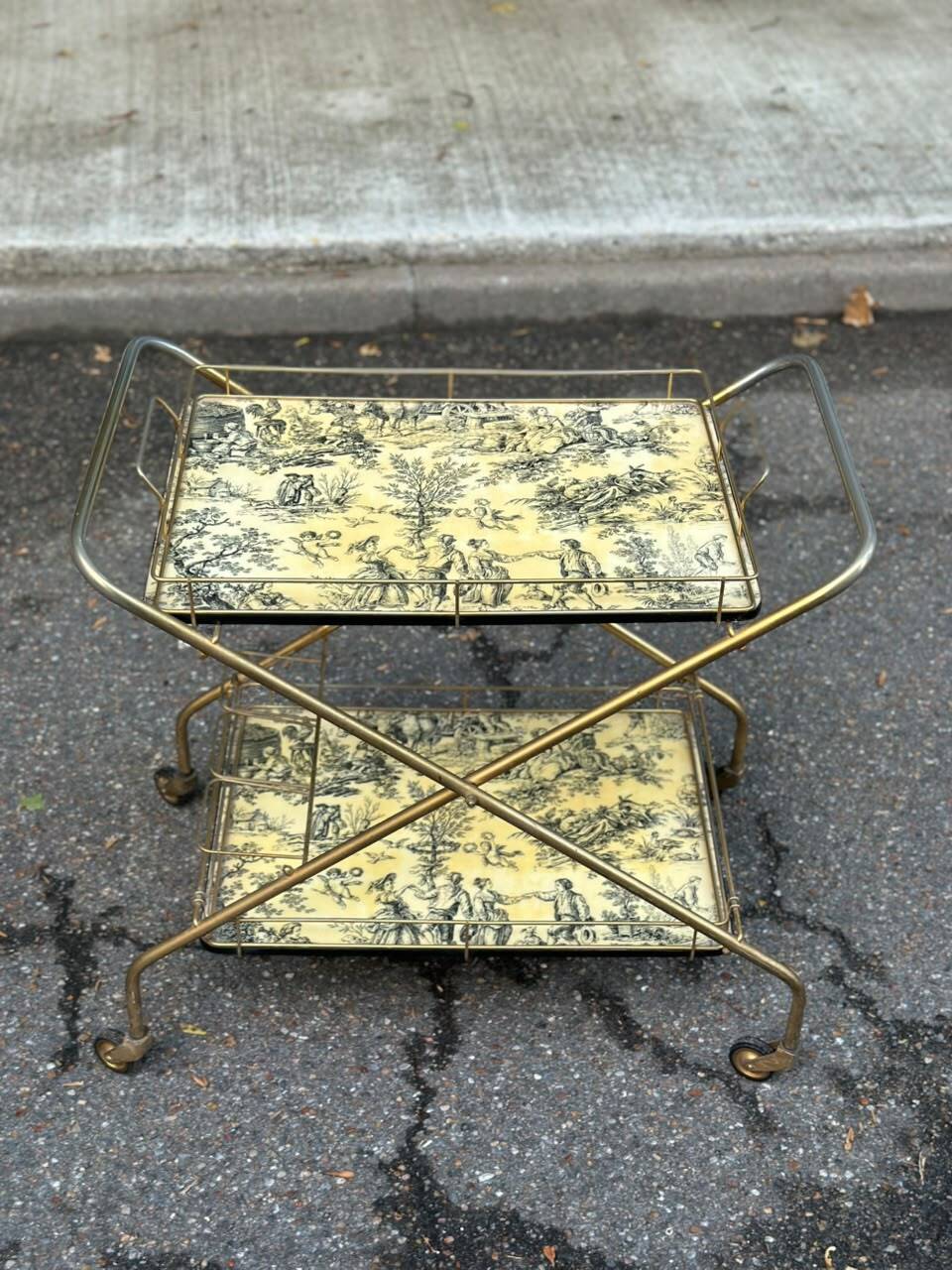 Vintage gold folding wheeled dessert trolley Toile de Jouy 1970s bar furniture