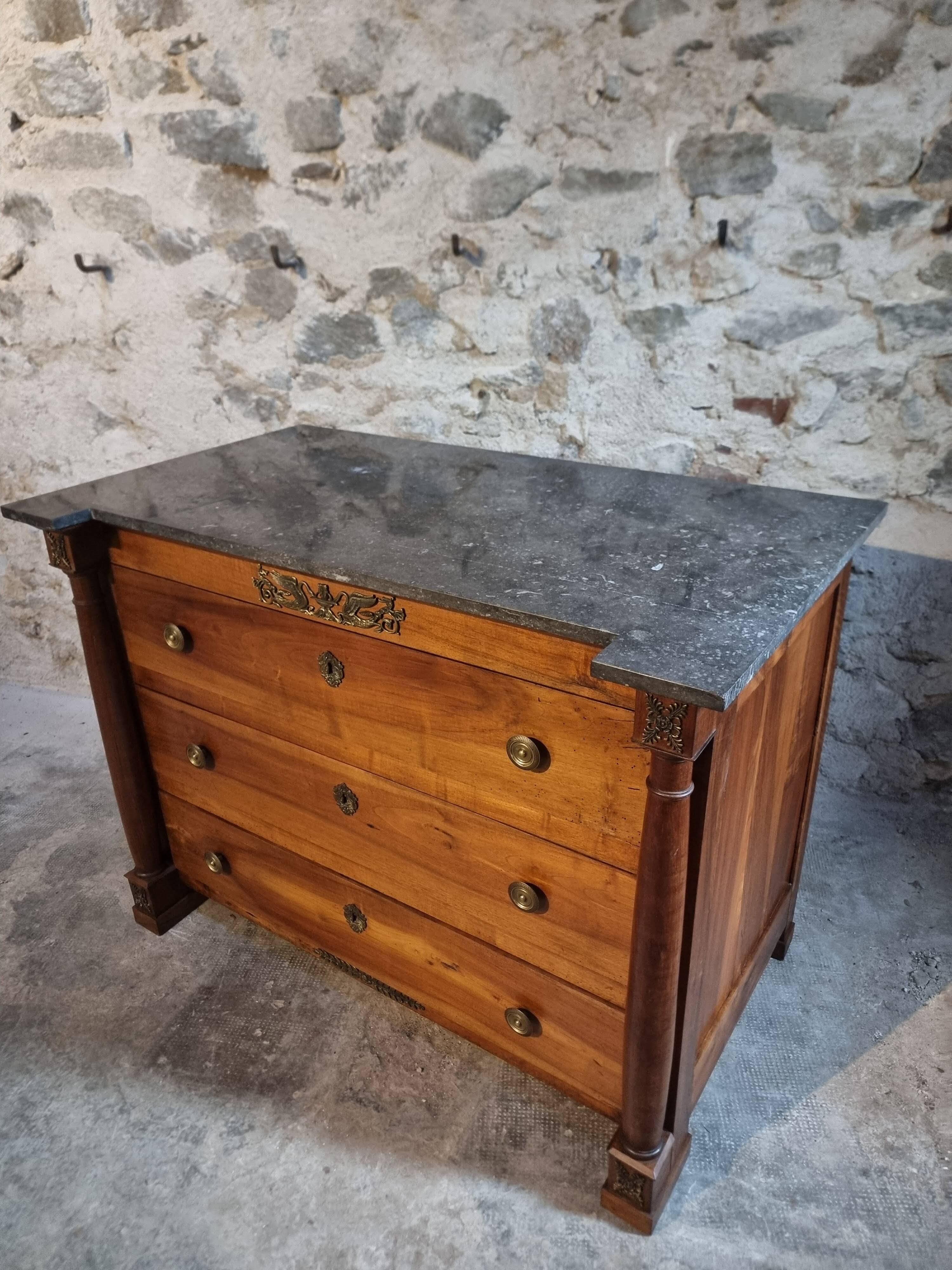 Antique commode, walnut and oak, marble top, 3 drawers, France circa 1820–1850.