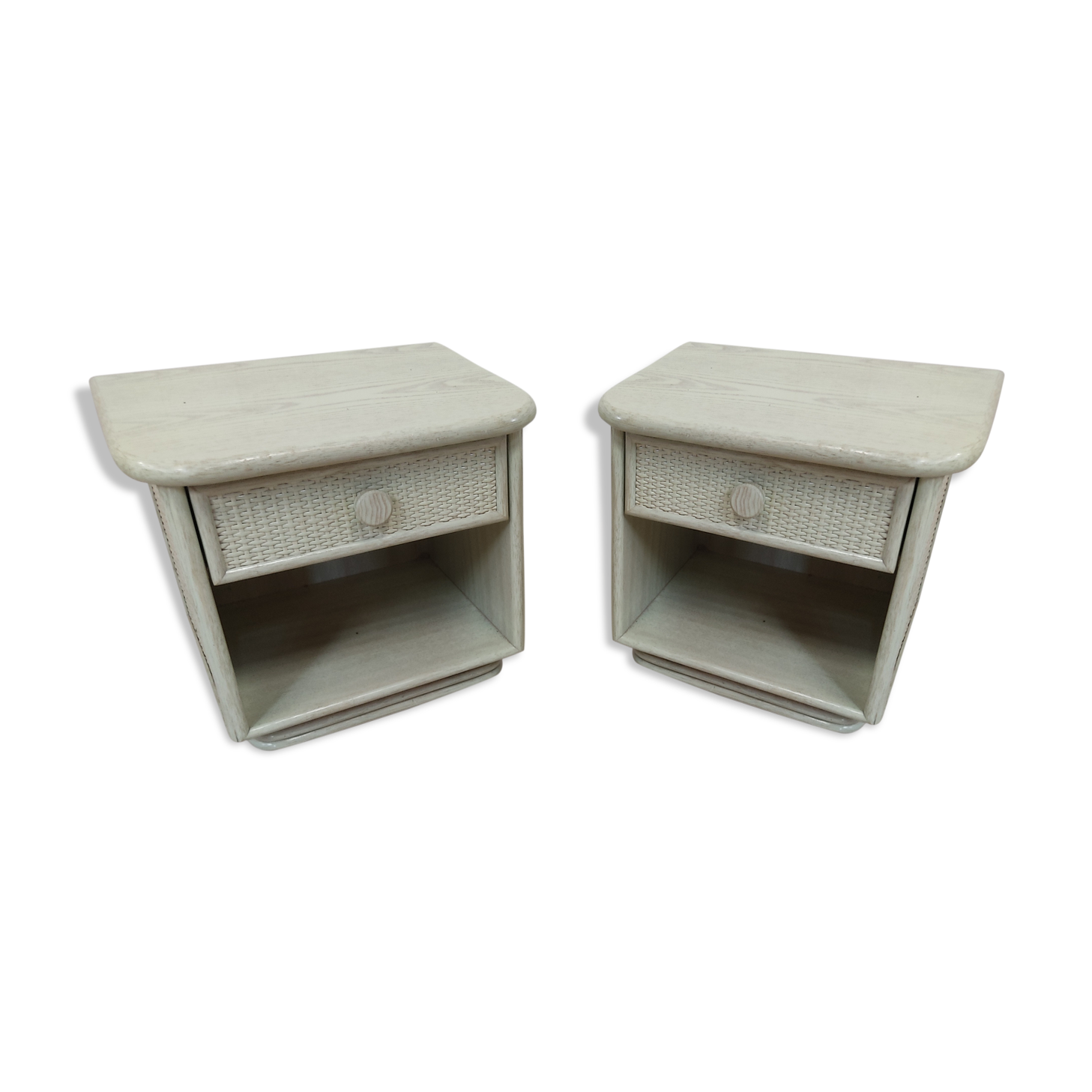 Pair of wooden and wicker bedside tables