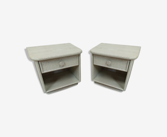Pair of wooden and wicker bedside tables