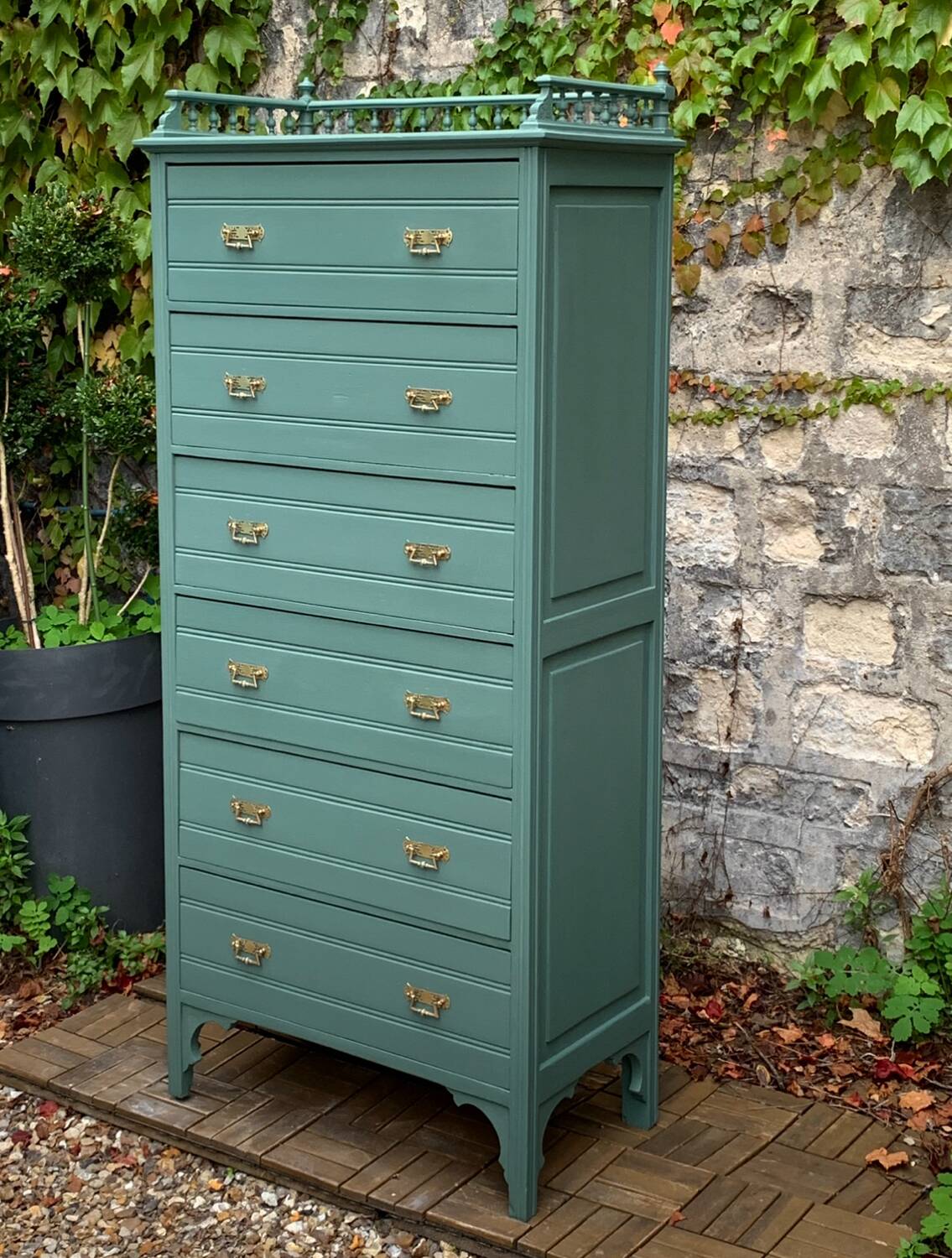 Old grey green high chest of drawers H160