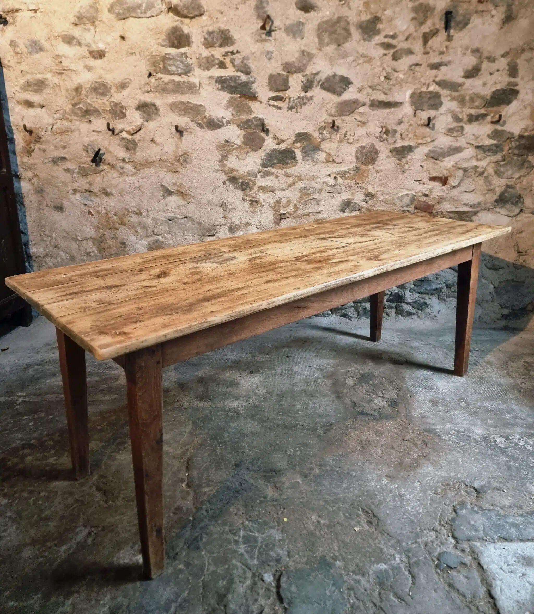 Antique French country dining table – Oak base and pine top, circa 1900