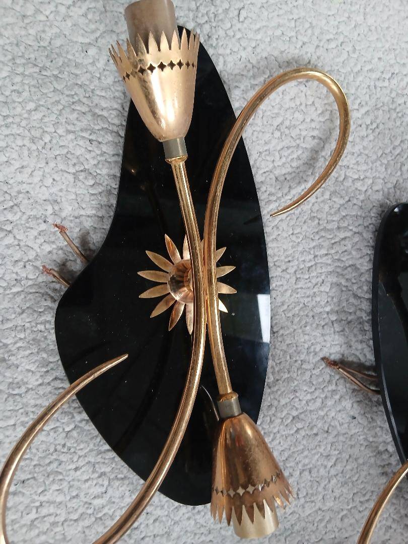 Vintage 1950s wall lights, black metal with gilded brass, 50s retro.