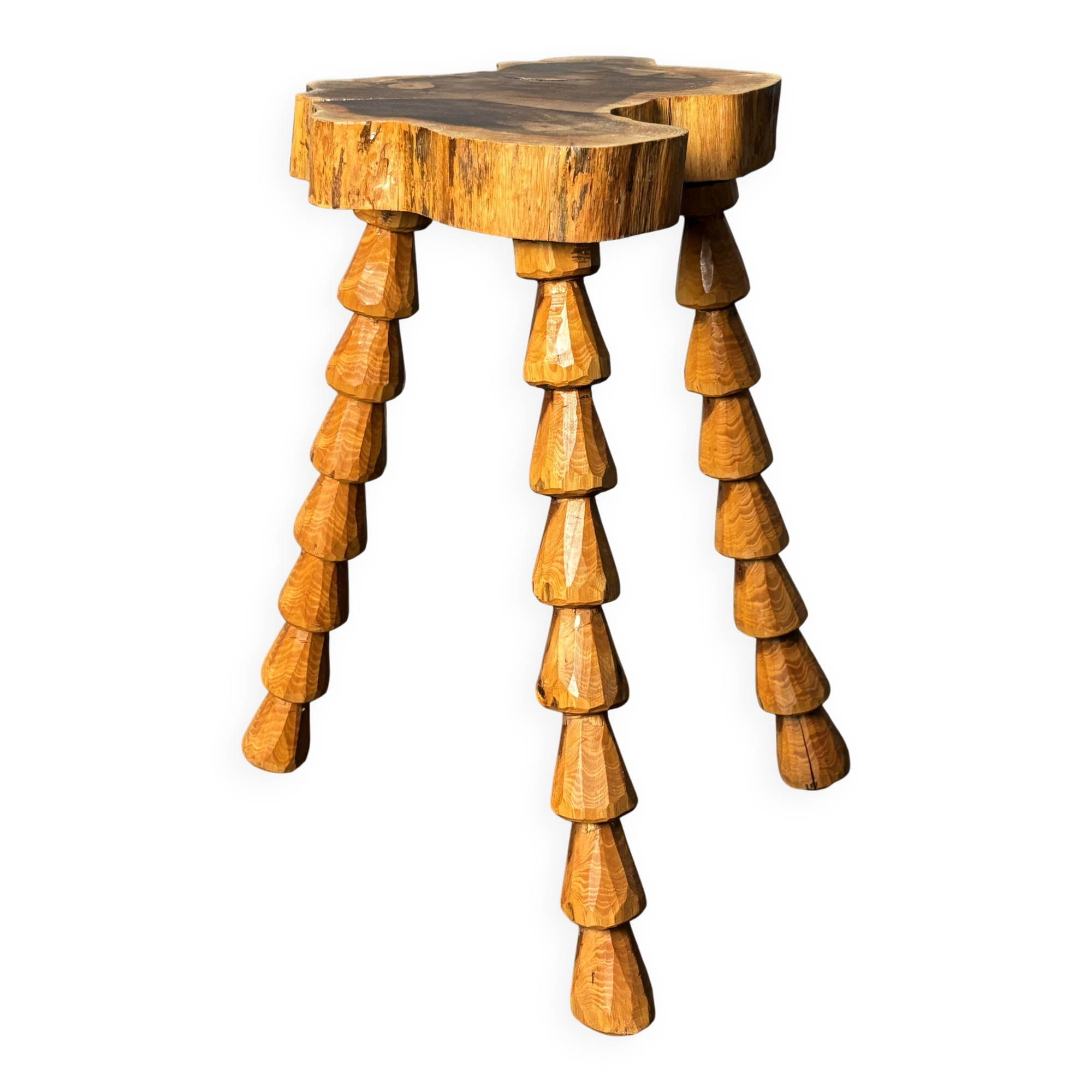 Midcentury brutalist artisanal wood turned handmade tripod stool, ca 1960s