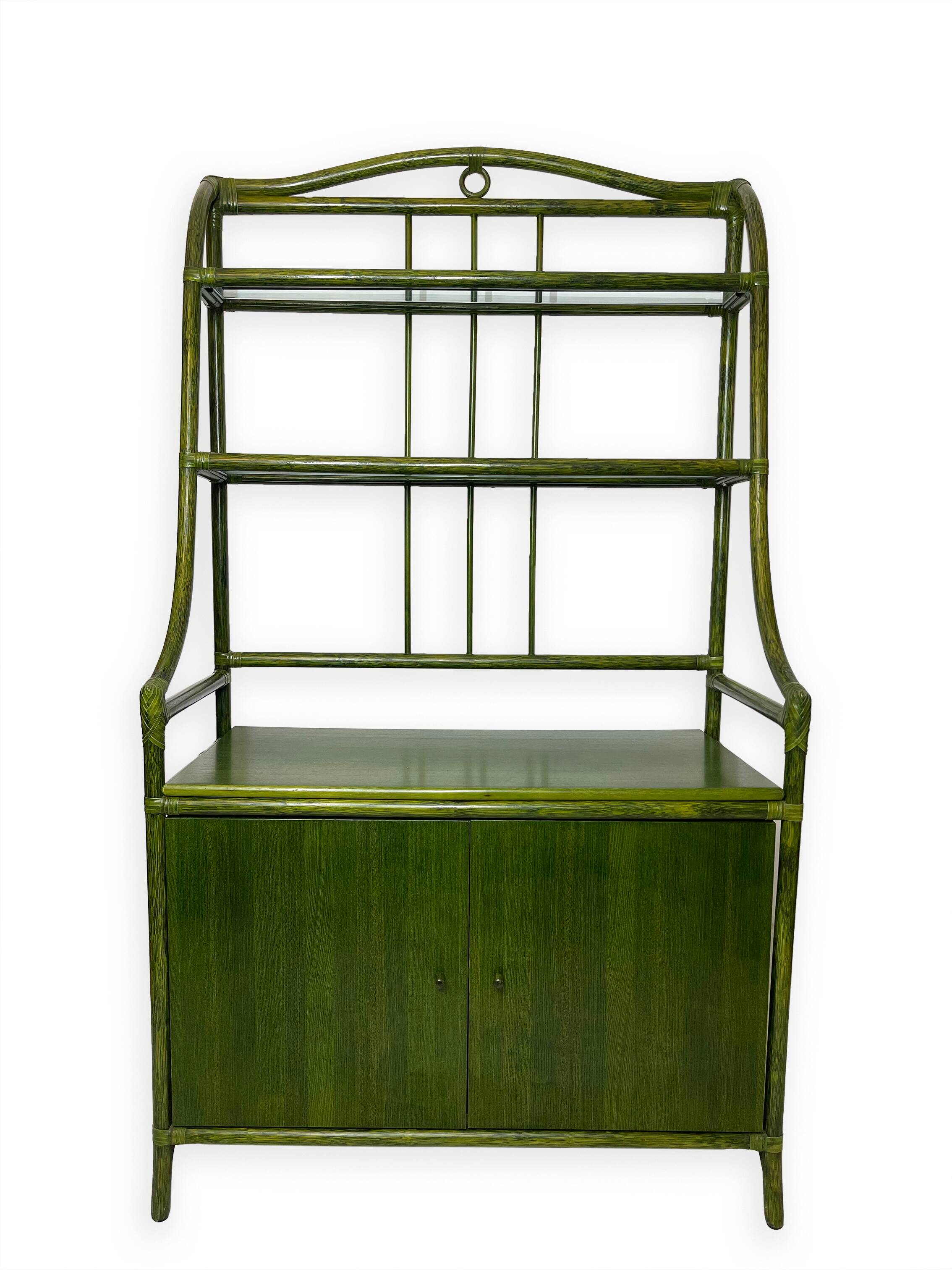 Buffet en rotin vert et hêtre, années 1970