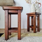 Pair of brutalist wooden stools, bedside tables.