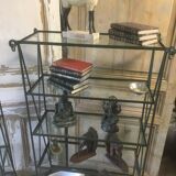 Pair of wrought iron and glass bookcase shelves