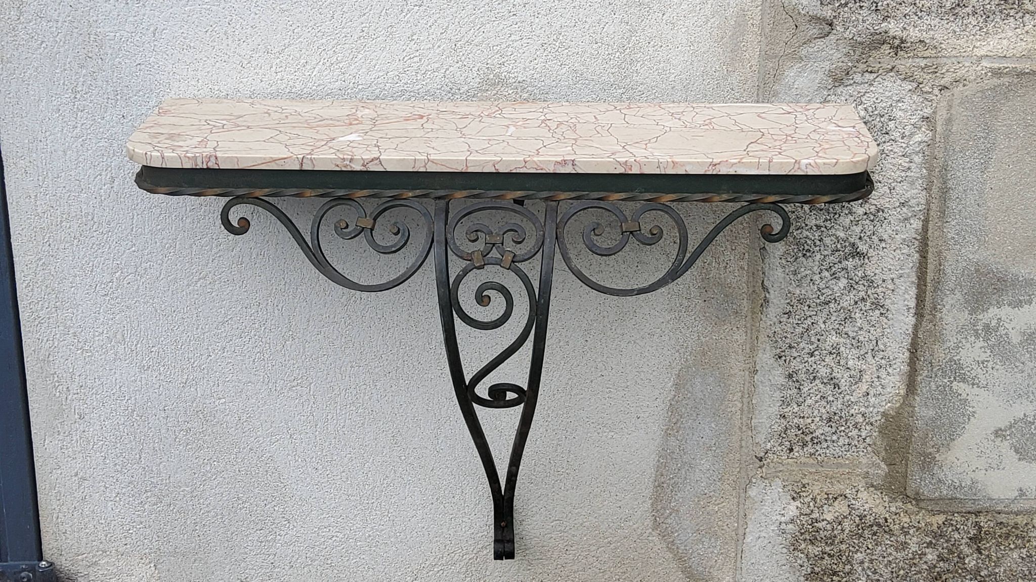 Console of wall lamp of the 50s in wrought iron and marble top