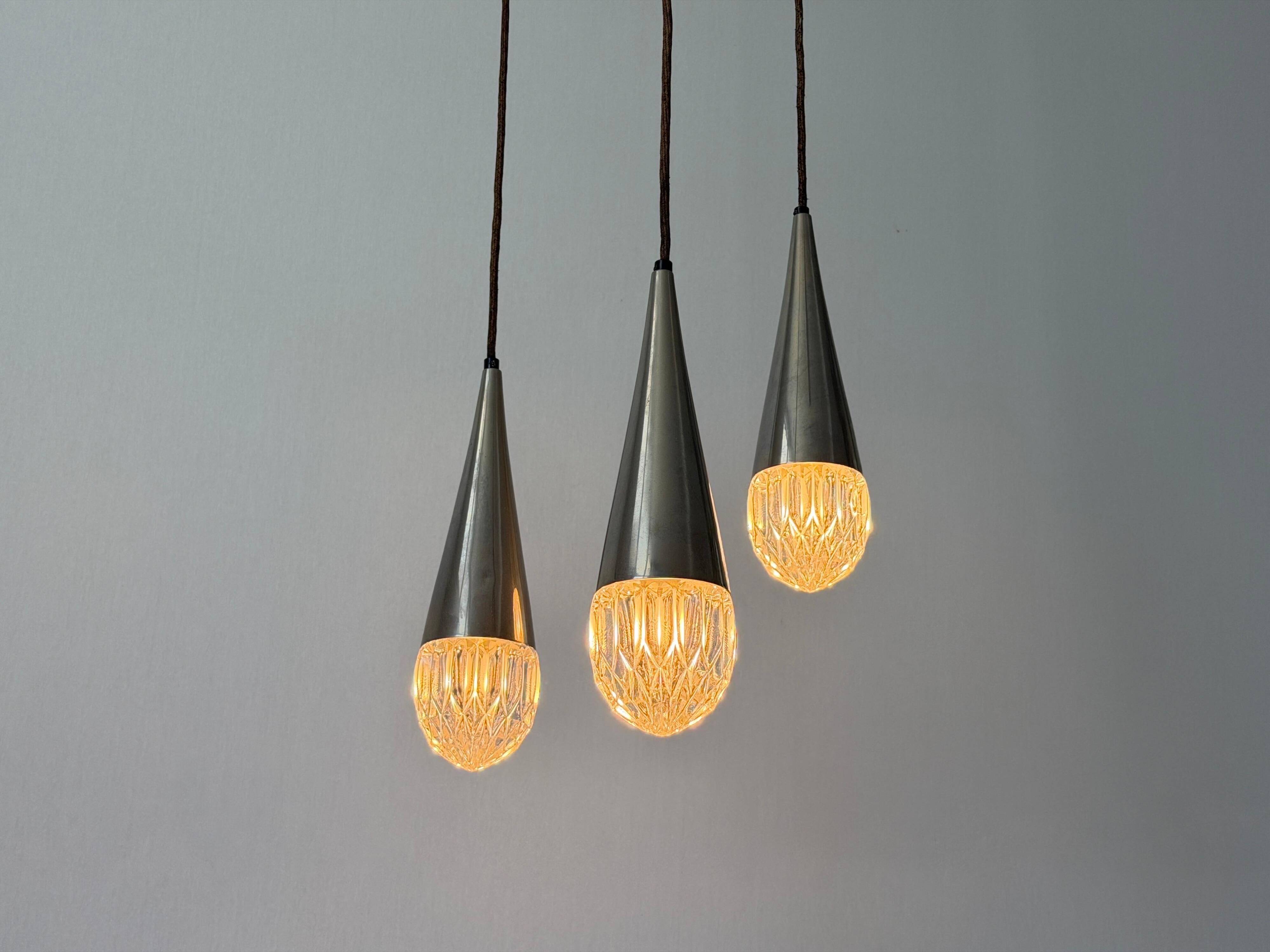 Suspended cascade lamp with 3 glass crystal shades and chrome, 1960s, Germany