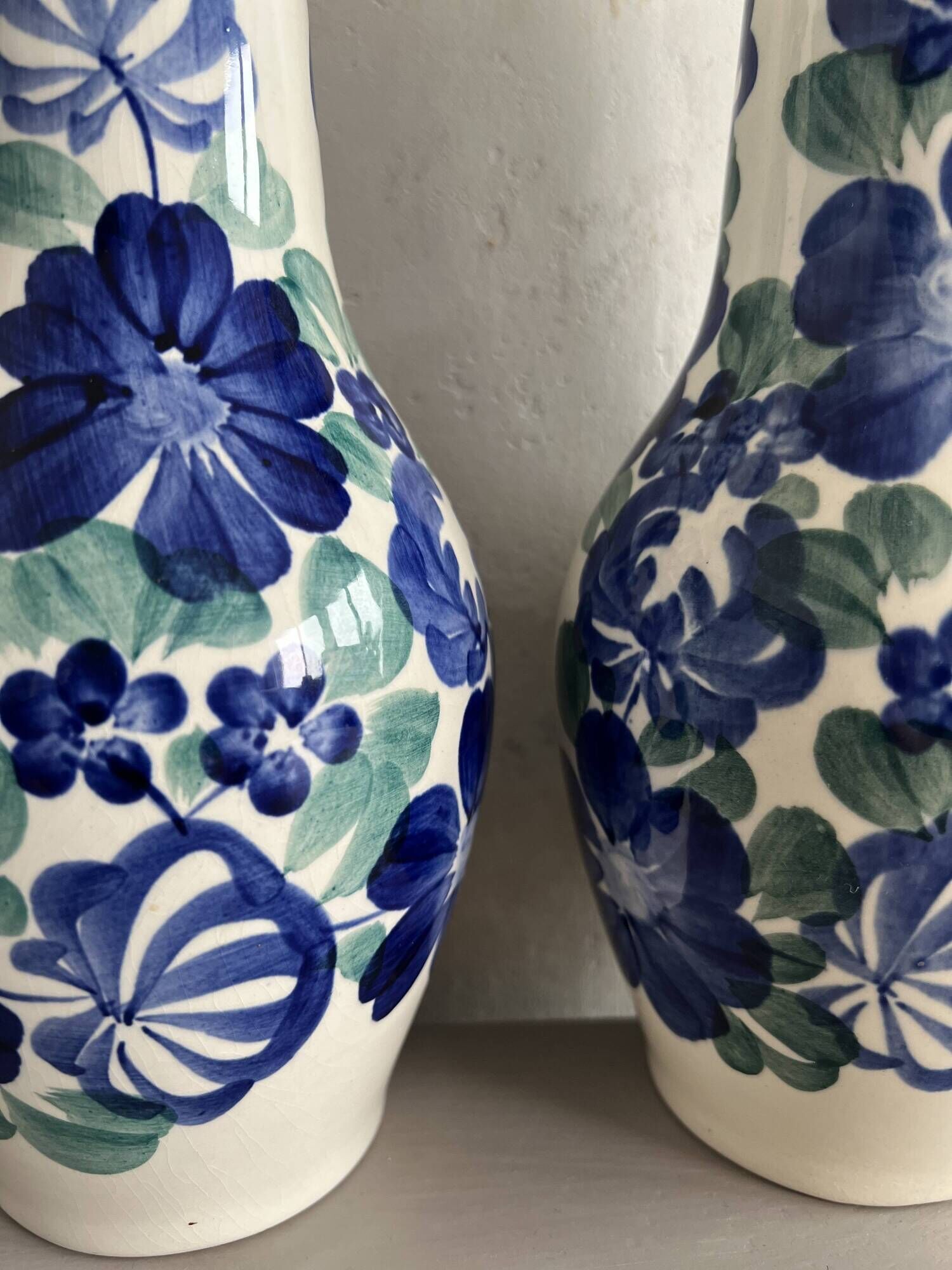 Lot of large Polish ceramic vases with hand-painted blue floral decoration