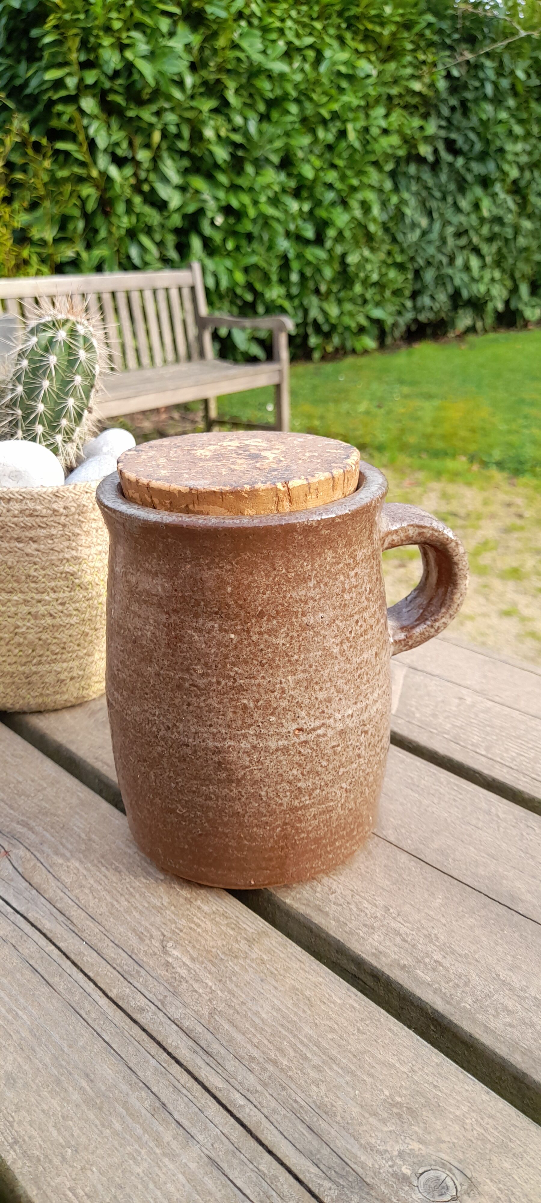 Old condiment pot in glazed pyrity sandstone, with cork lid, mid century