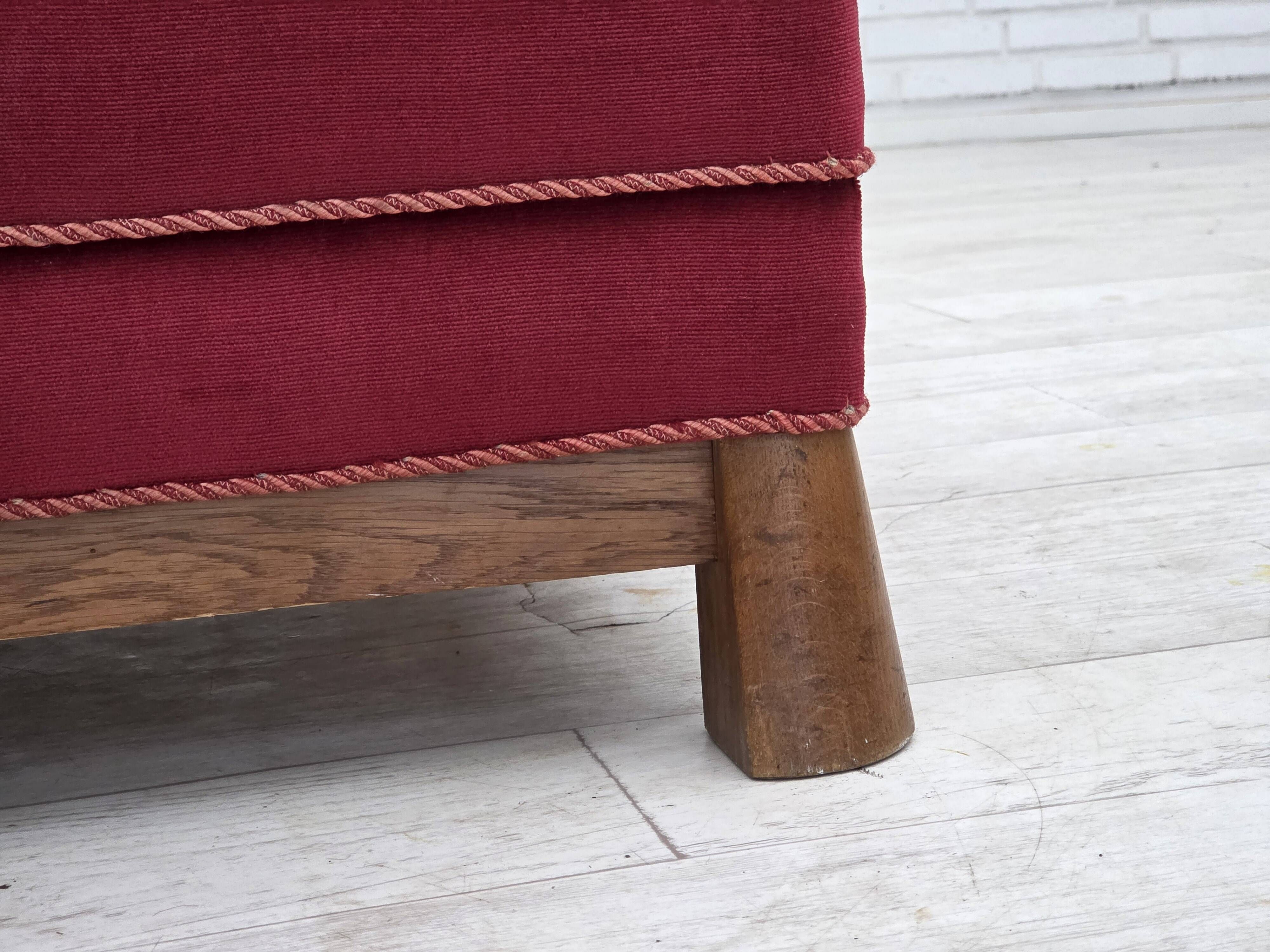 1960s, Danish armchair, red furniture velour, oak wood.