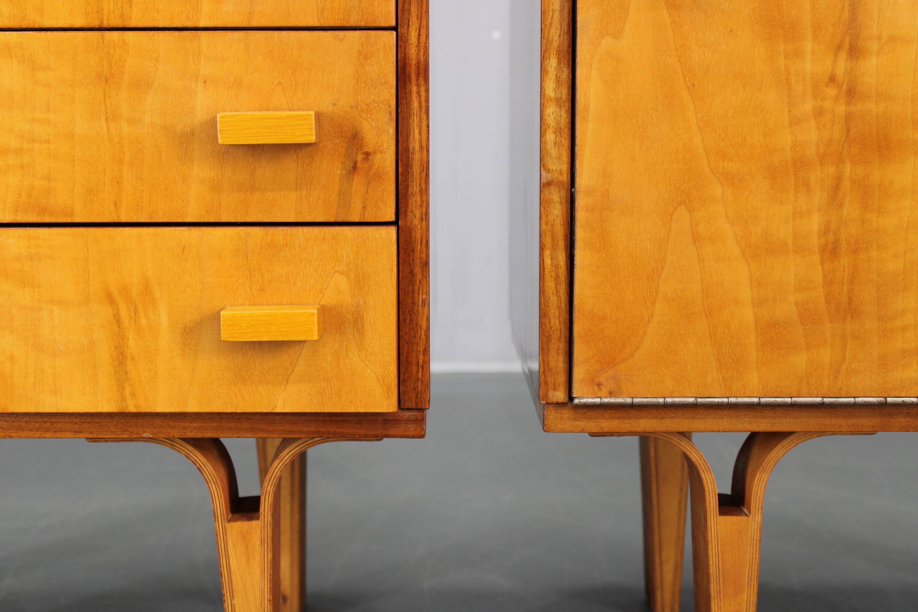 1960s František Mezulaník mid-century maple nightstands with black glass tops