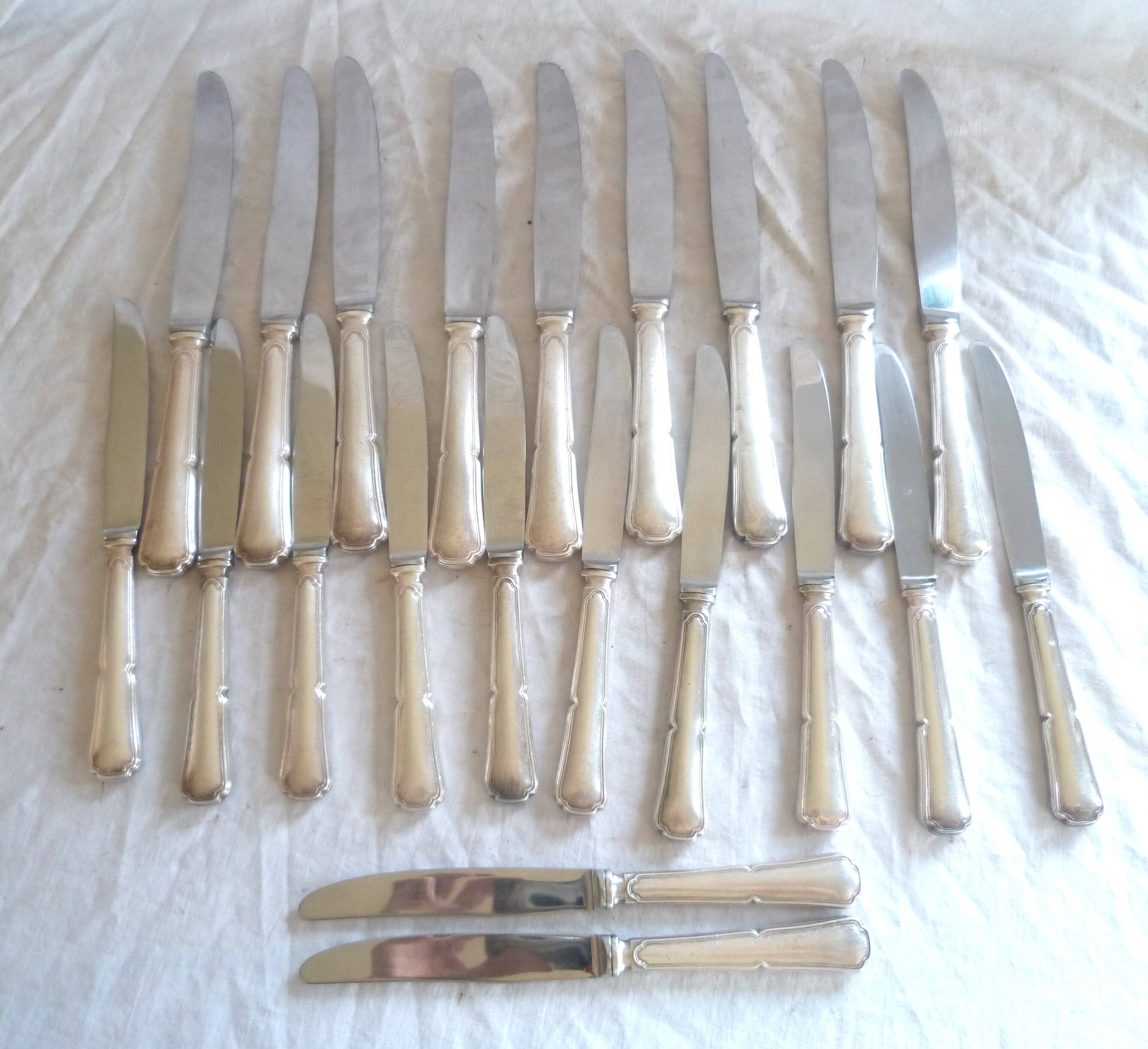Set of 12 dessert knives/9 table knives, silver plated, violin model