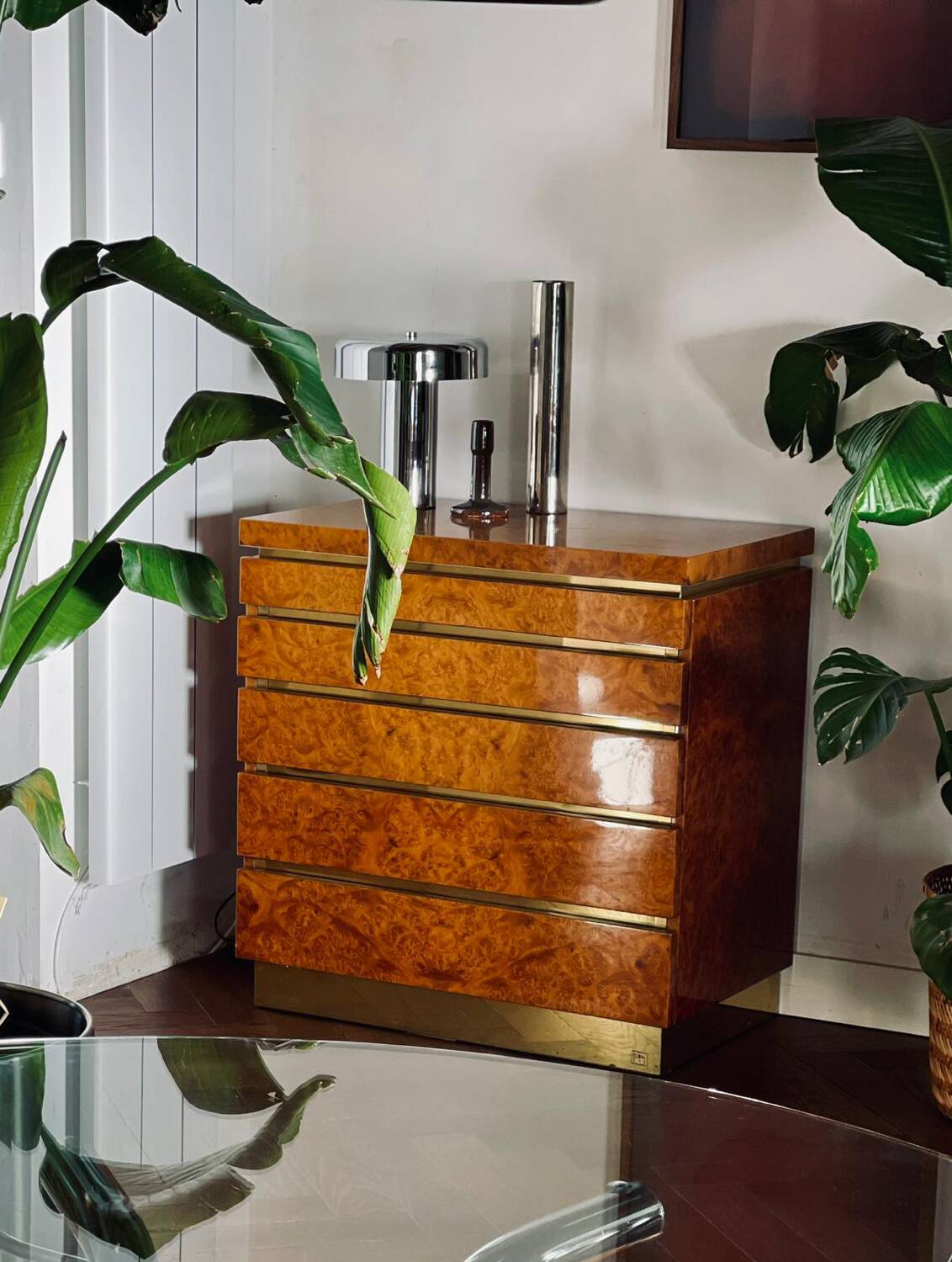 Lacquered elm burl chest of drawers by Jean Claude Mahey, 1970s.
