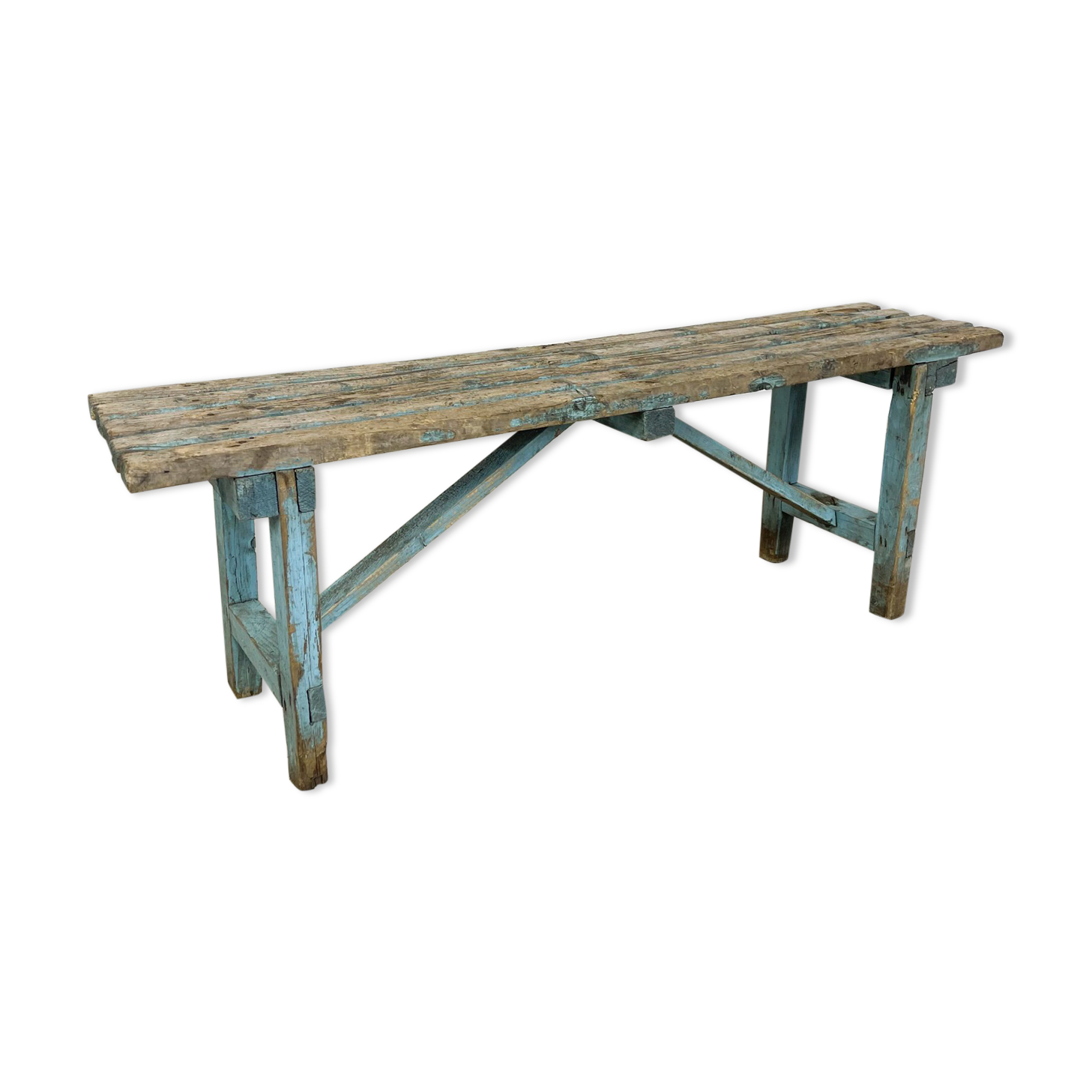 Light blue painted wooden farmhouse bench