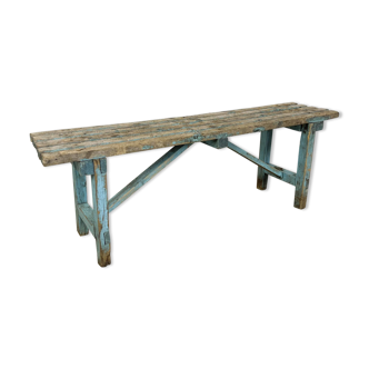 Light blue painted wooden farmhouse bench