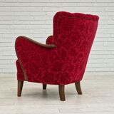 Années 1960, design danois, fauteuil en tissu rouge cerise, très bon état d’origine.