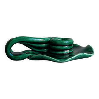 Vintage green glazed ceramic candle holder, organic design.