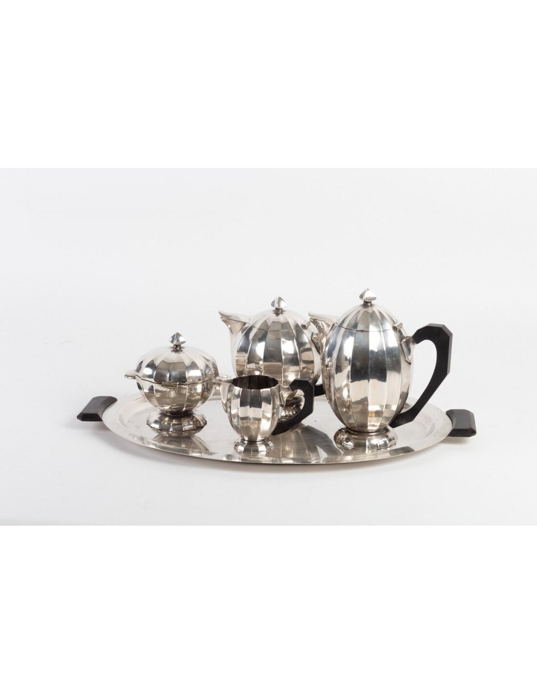 Set of 5 pieces, coffee maker, theière, milk pot, sugar bowl, tray, silver metal