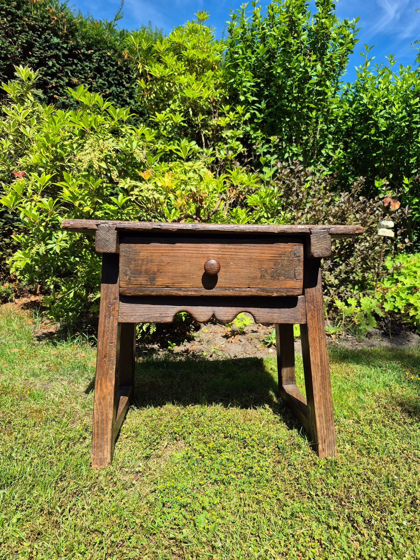 Antique Spanish side table pine rustic pay table with drawer