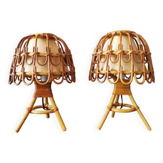 Paire de lampes vintage 70 en rotin