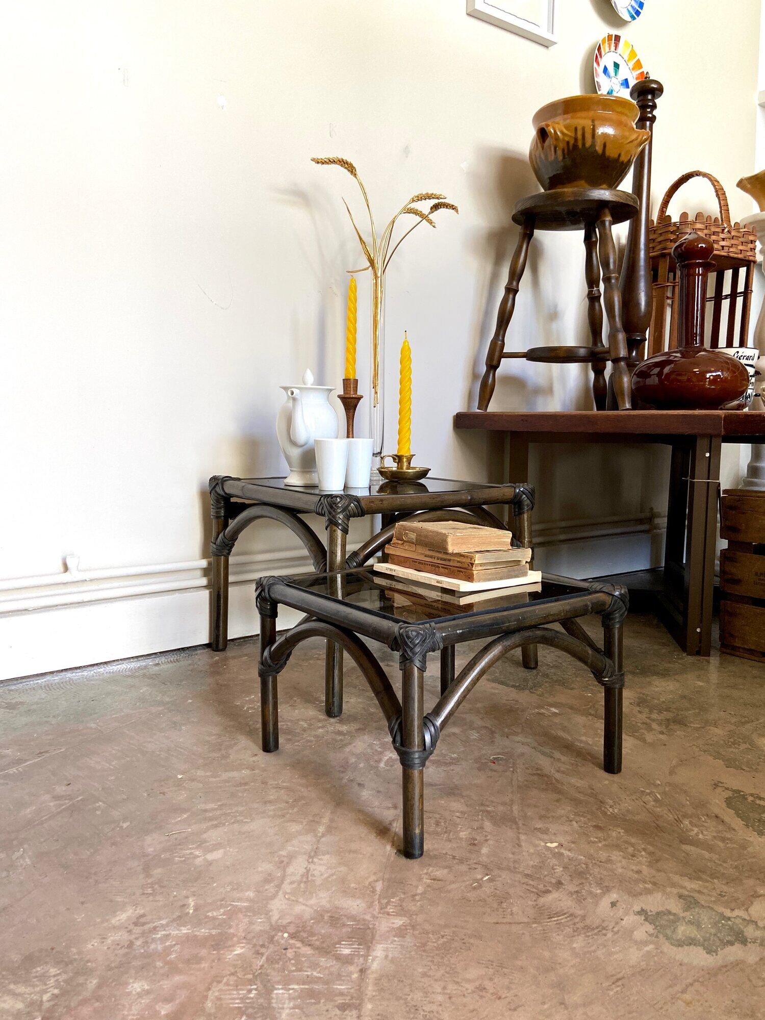 2 coffee tables, rattan sofa tips and smoked glass
