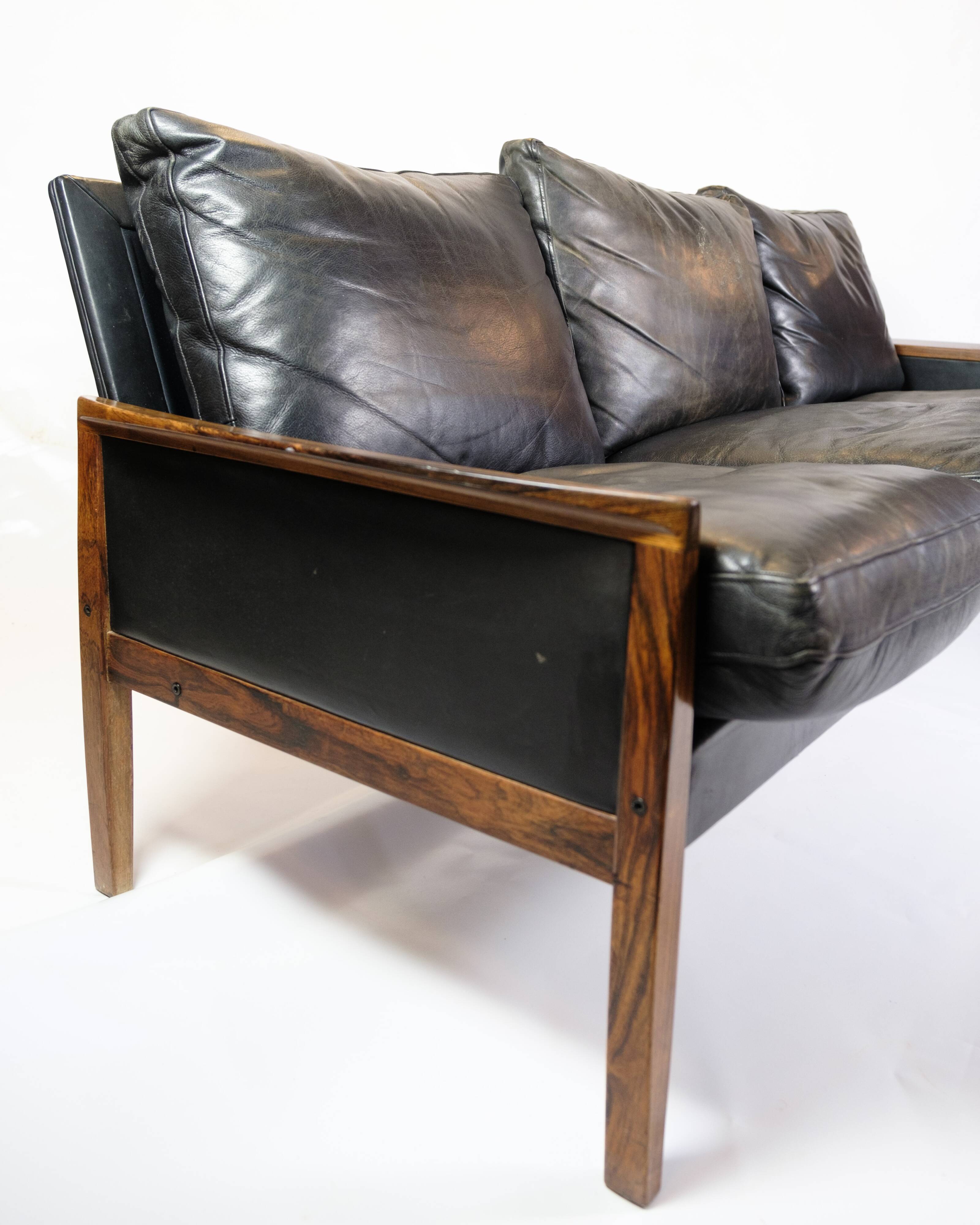 3. Pers Sofa Made In Rosewood & Black Leather Cushions By Hans Olsen From 1960s
