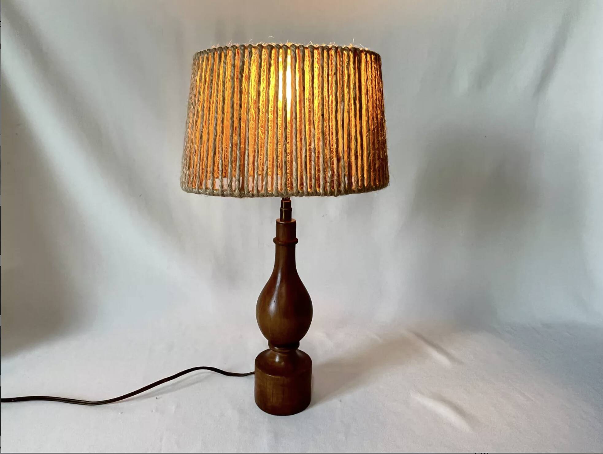 Philippe Capelle vintage 1970s table lamp in turned wood with rope shade