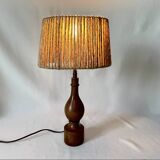 Philippe Capelle vintage 1970s table lamp in turned wood with rope shade