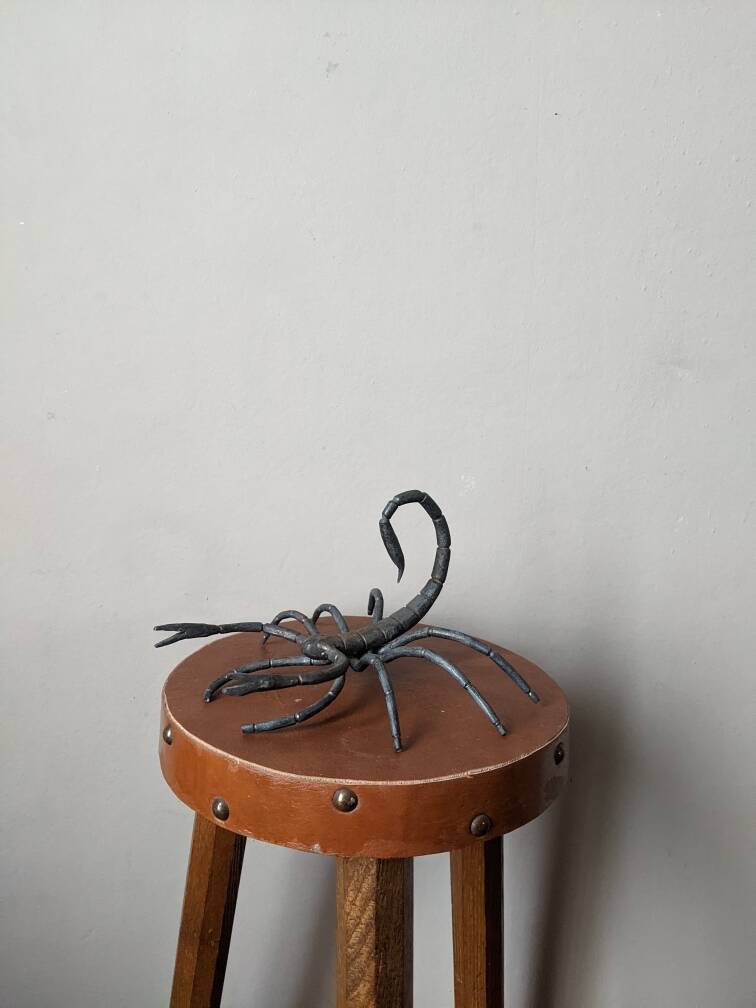 Handcrafted metal scorpion sculpture, curiosity cabinet, arthropod object