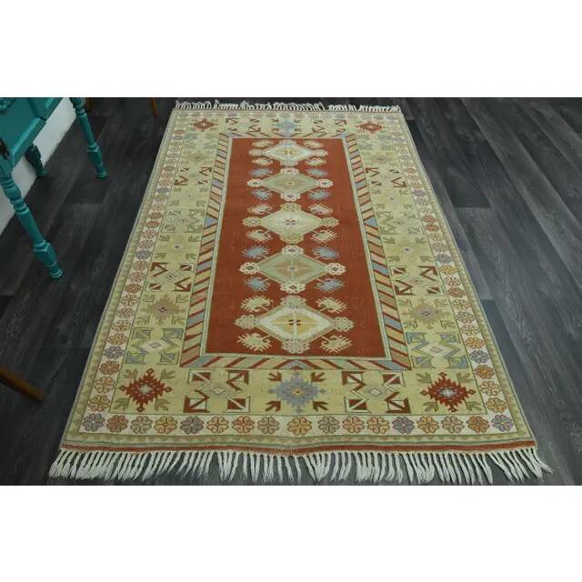 1970s Vintage Turkish Oushak Handmade  Red Yellow Area Rug 152x223
