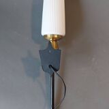 Large 1960 torchiere wall light in black metal, gilded brass and vintage white opaline.