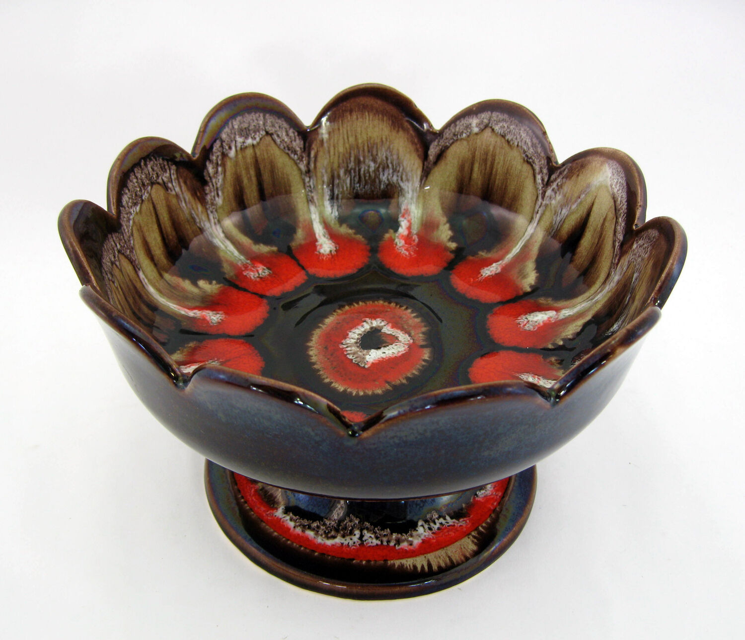 Brown and red ceramic fruit bowl Vallauris France, vintage 70s