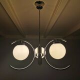 Chrome chandelier with 3 white glass spheres, 70s