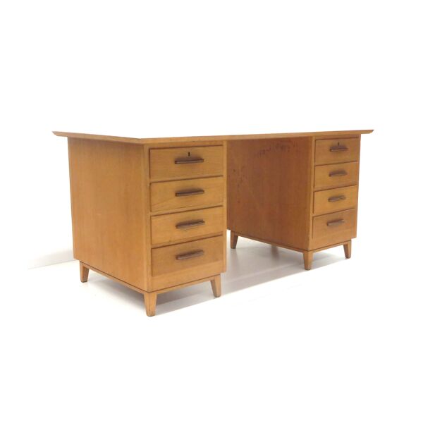 Bureau vintage avec plateau vert clair et gris et 8 tiroirs fabriqué dans les années 1970