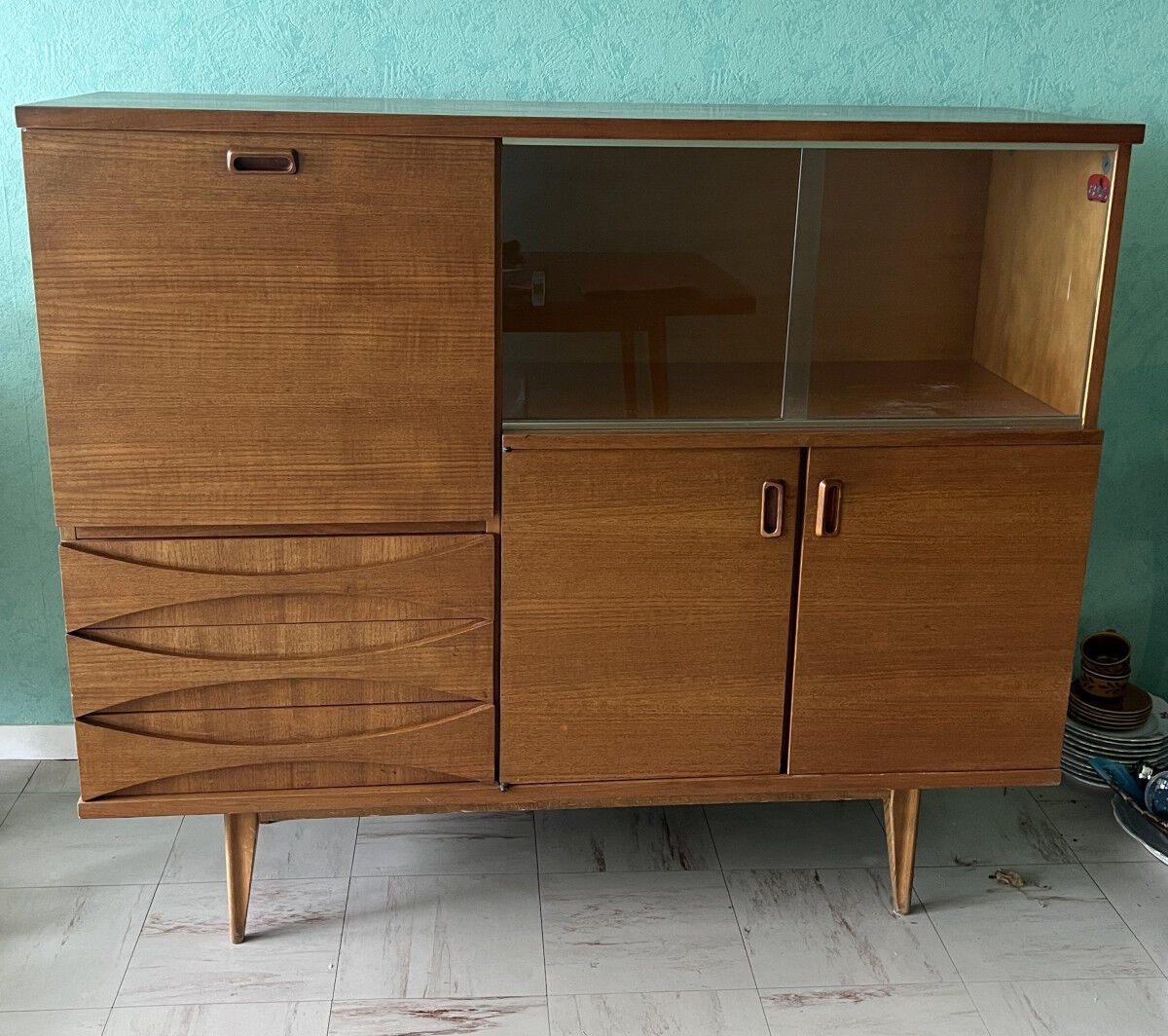 Scandinavian style furniture, brand "eros" in blonde teak, around 1960.