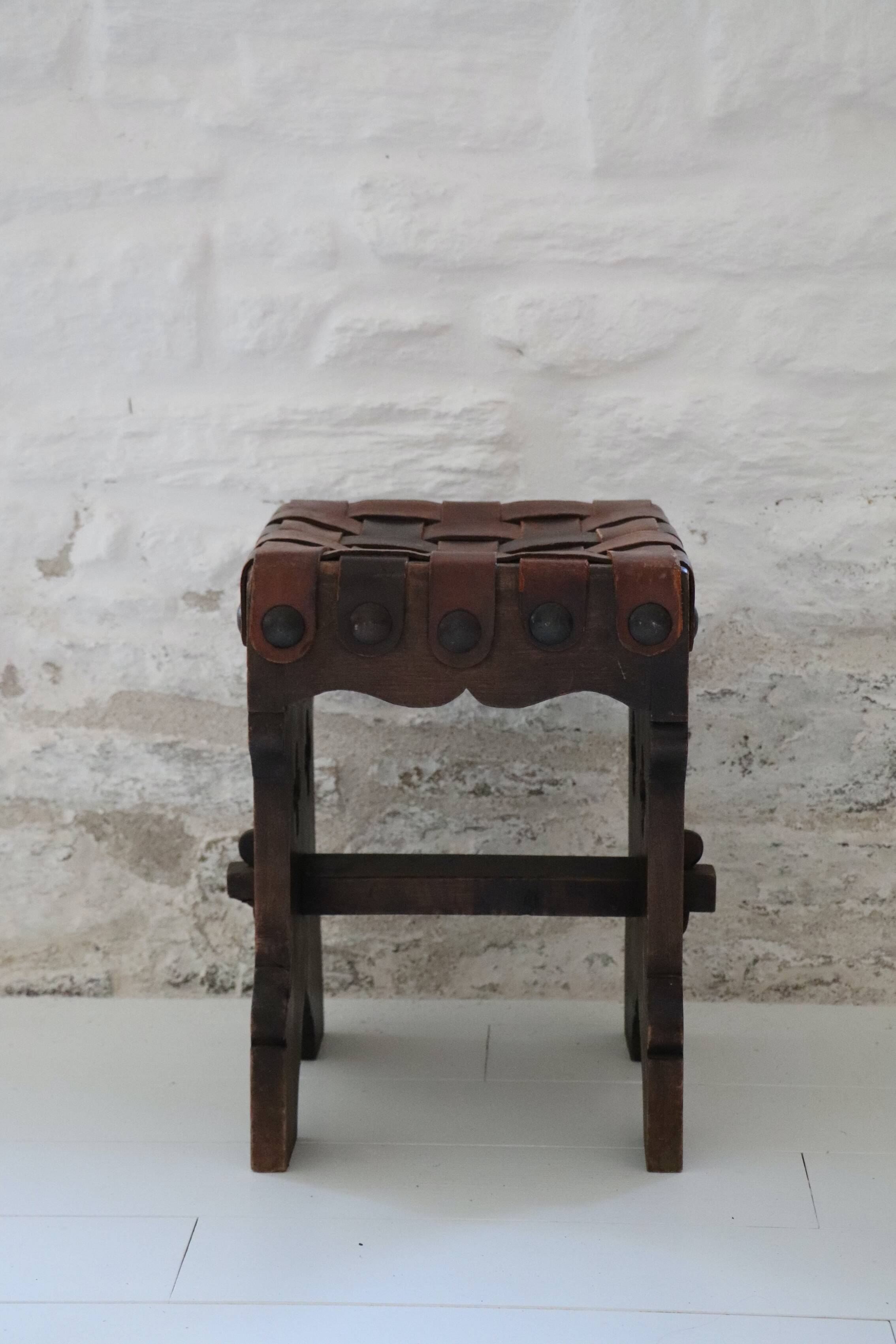 Pair of XX brutalist design wooden and leather stools