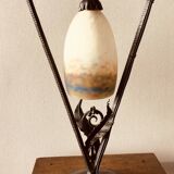 Art deco table lamp with hammered wrought iron base and tulip muller brothers lunéville signed