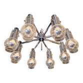 Large ceiling light/chandelier in chrome metal and blown bubble glass, 1970s.