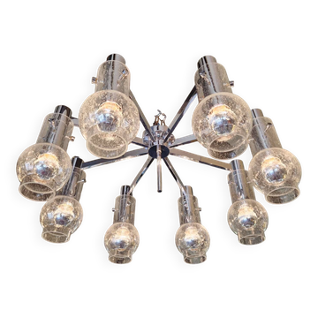 Large ceiling light/chandelier in chrome metal and blown bubble glass, 1970s.