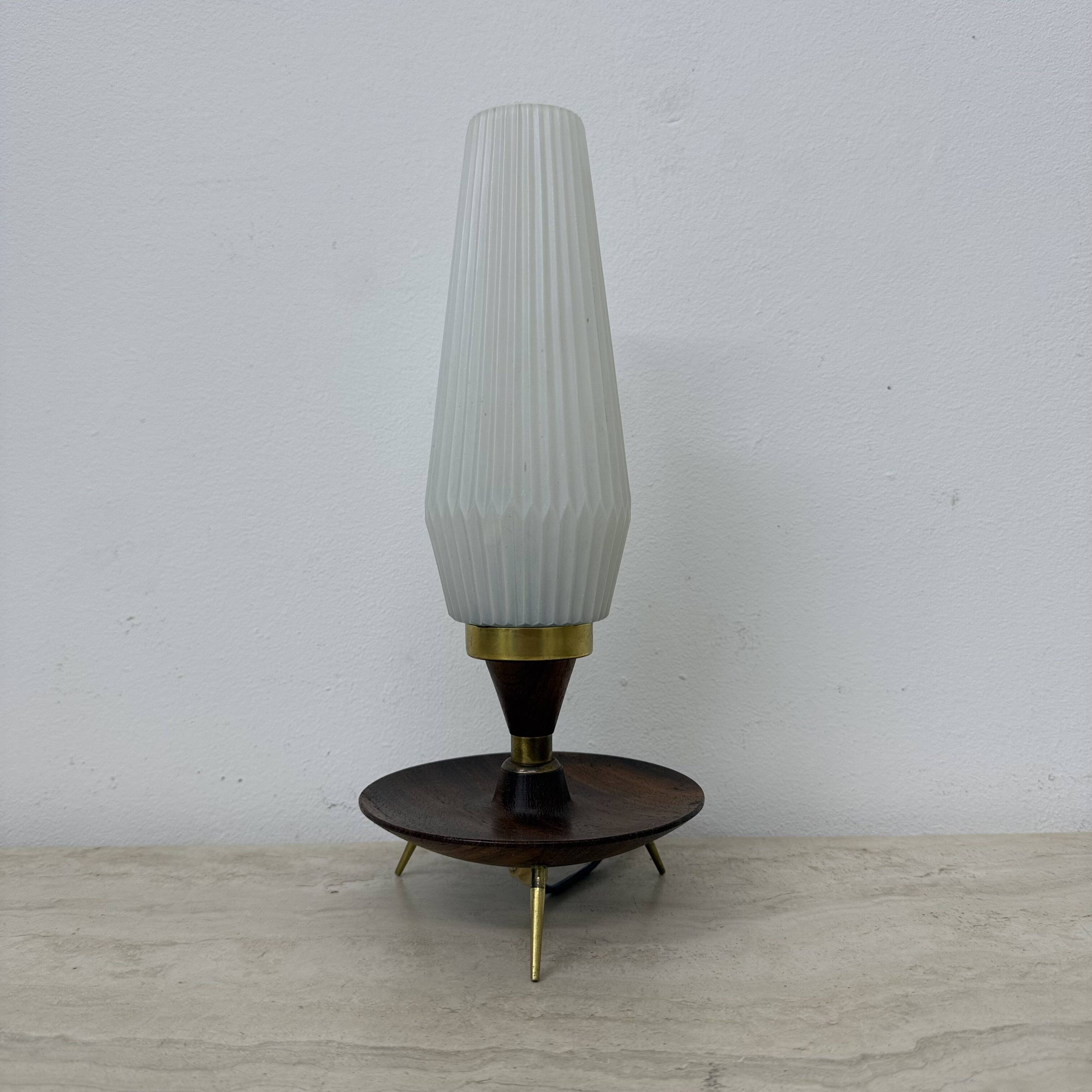 Vintage tripod teak base with opaline glass shade table lamp , 1950s