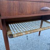 Modernist Danish teak bedside tables with rattan shelves, set of 2