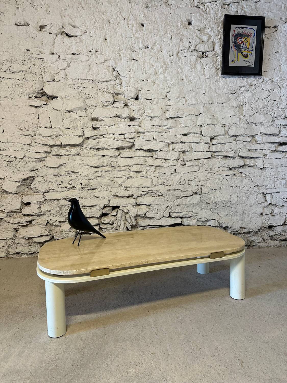 Vintage travertine and golden brass coffee table