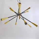 Black and brass articulated Sputnik chandelier in Stilnovo style, Italy, 1950.