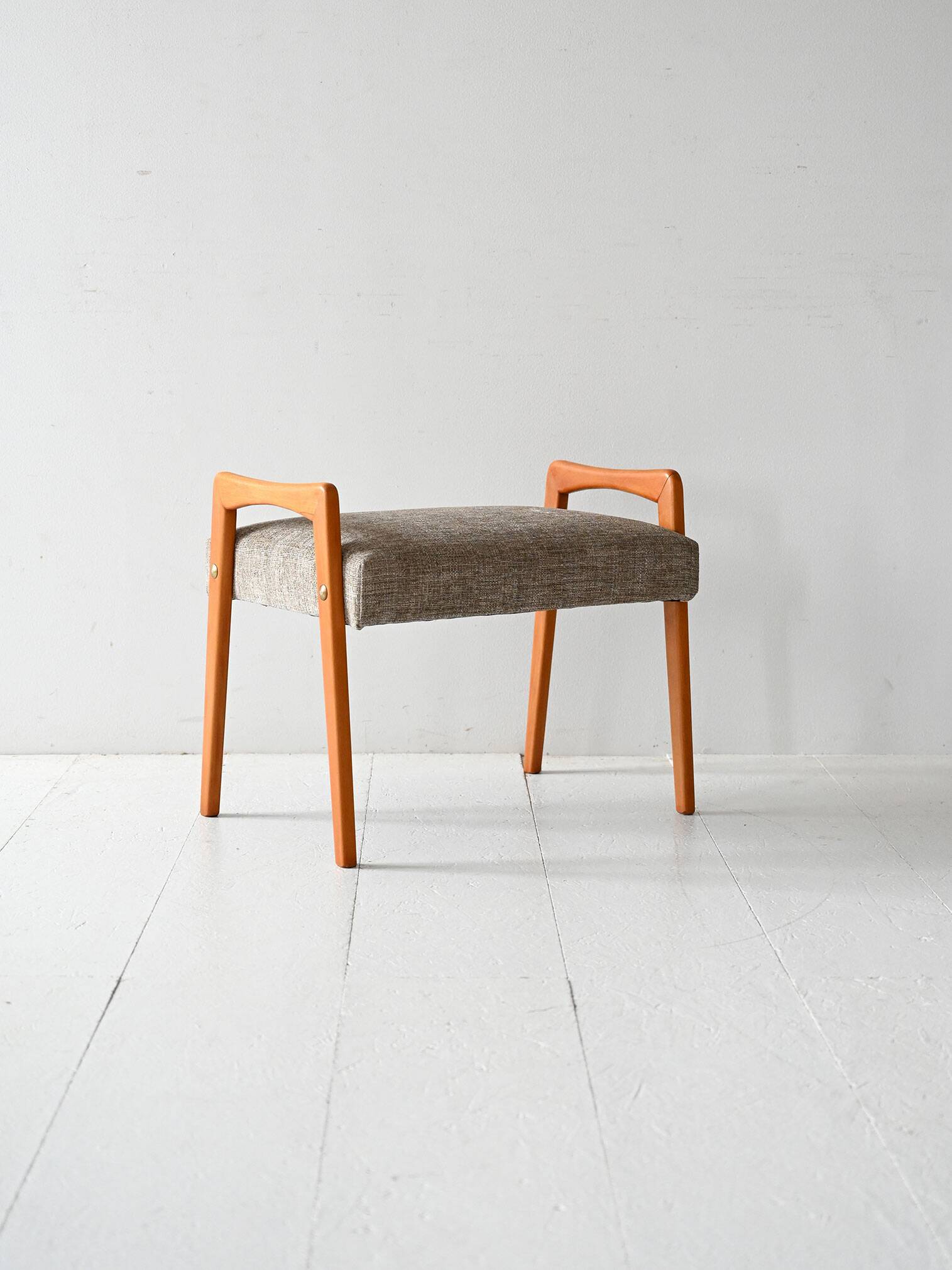 Vintage Scandinavian oak footstool with grey upholstery