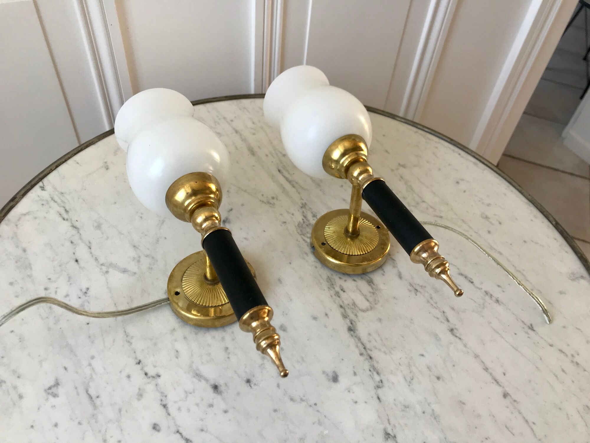 Pair of opaline and golden brass wall lamps art deco style 30s